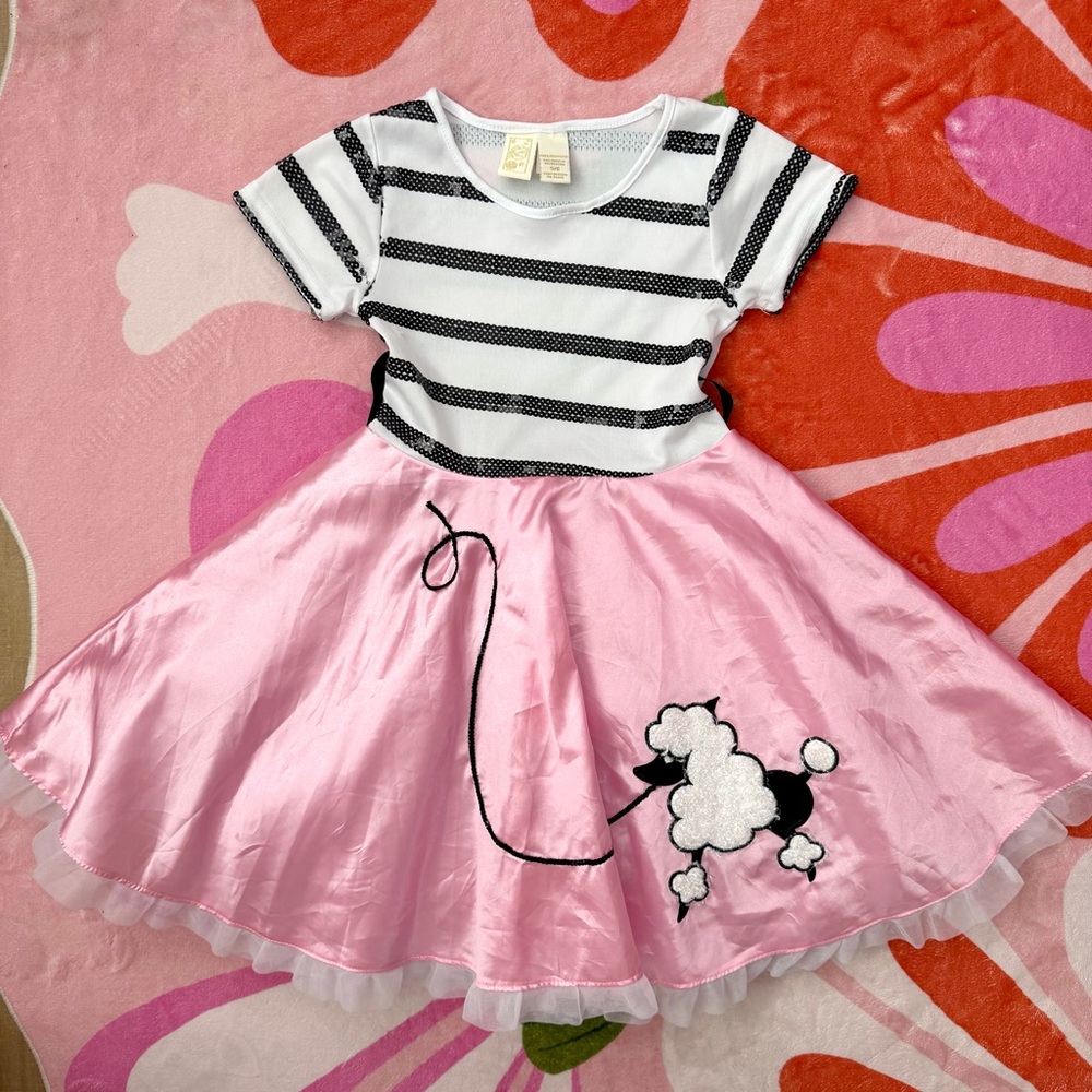 Pink Poodle Circle Skirt Dress with Black & White Striped Top